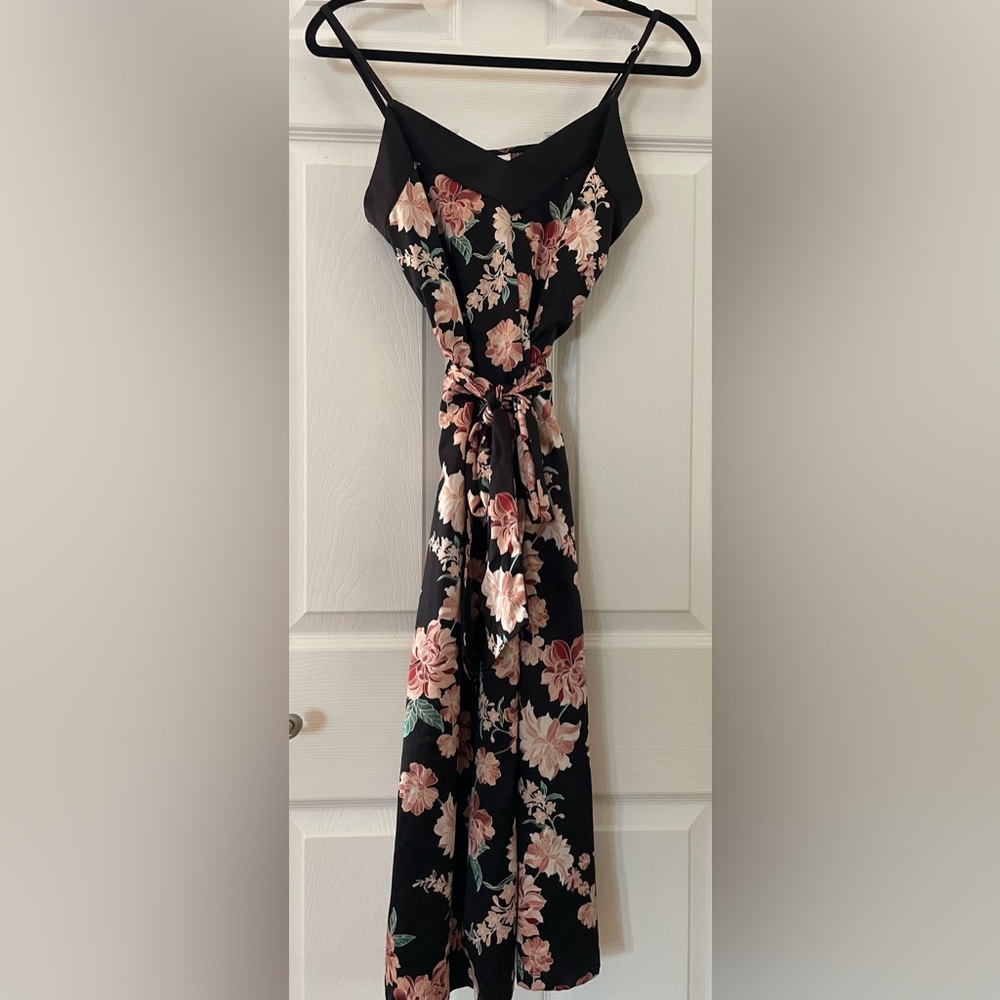 A New Day Floral Tie-Waist Black Dress with Blush Pink Blooms